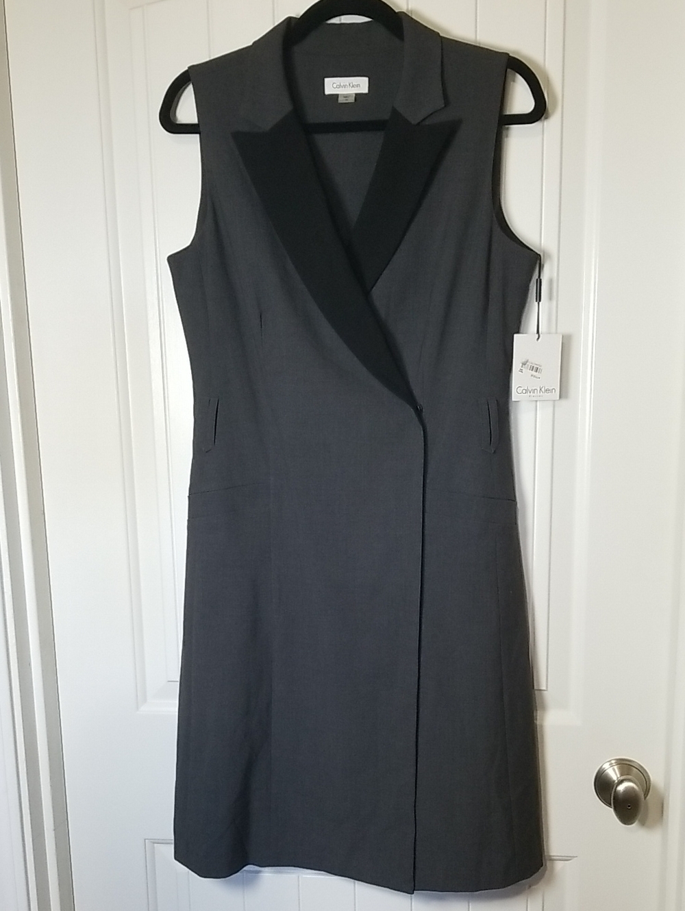 Calvin Klein Gray Sleeveless Tuxedo-Style Midi Dress with Black Lapel 10 NWT